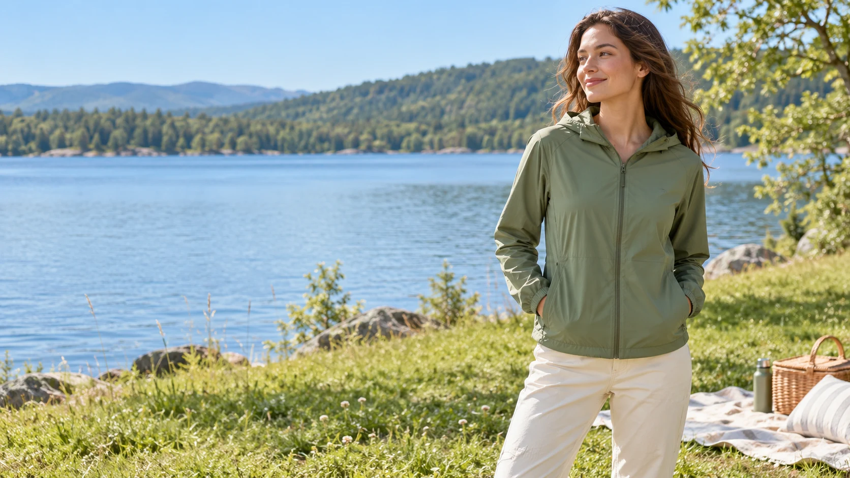 A woman in the Meadow fern green hooded jacket beside a lake on a sunny picnic afternoon